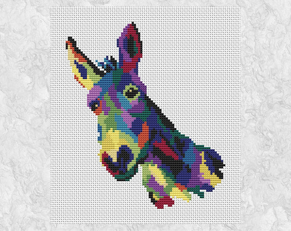 Multicoloured Patchwork Donkey cross stitch pattern - shown without frame