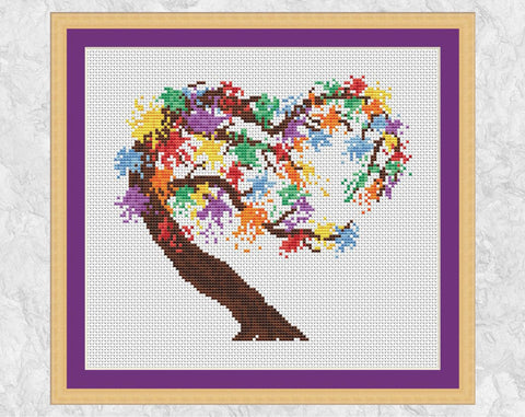 Rainbow Tree Heart cross stitch pattern - with frame