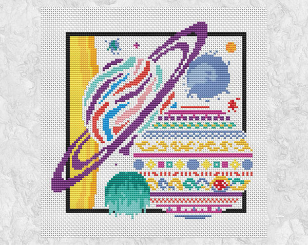 Solar System cross stitch pattern - fun stylised chart of sun and planets