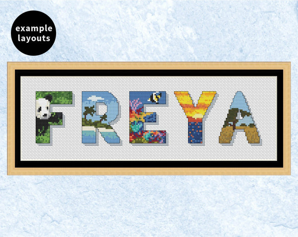 Explore the World Alphabet cross stitch pattern - example name 'Freya'
