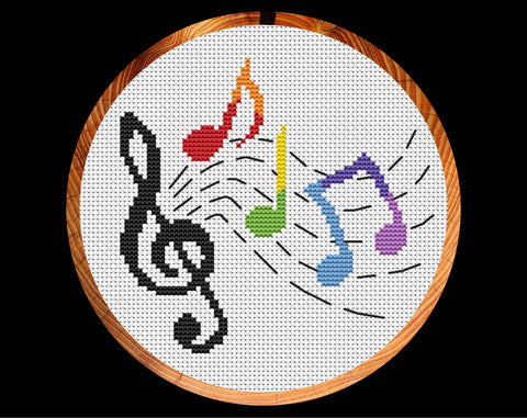 Rainbow Musical Notes cross stitch pattern - in hoop