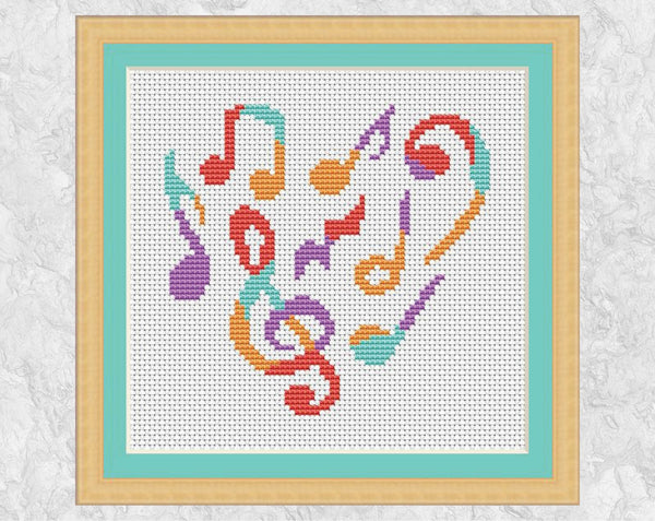 Music Heart cross stitch pattern - pastel rainbow version