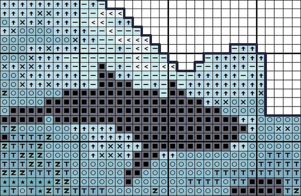 Cross stitch pattern of the silhouette of a shark, filled with a scene looking upwards through a shoal of sharks, with sunlight illuminating the water from above. Section of PDF.