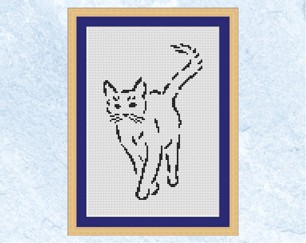 Sketched Cat cross stitch pattern - shown in frame