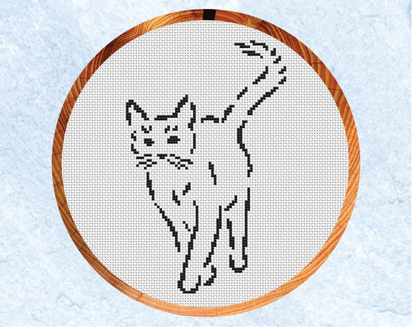 Sketched Cat cross stitch pattern - shown in hoop