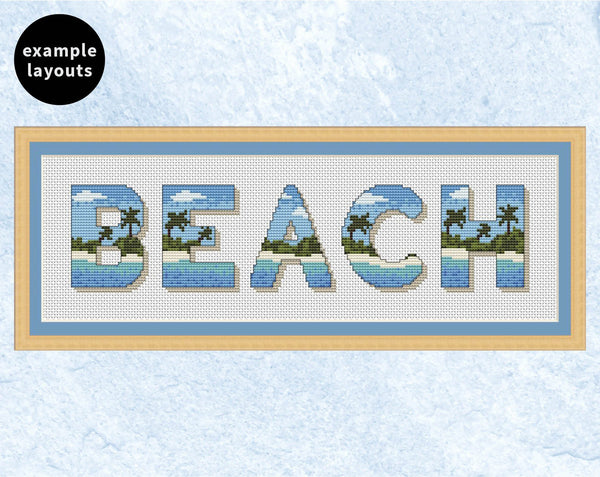 Desert Island Alphabet cross stitch pattern - example word 'beach'