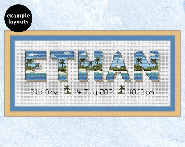 Desert Island Alphabet cross stitch pattern - example name 'Ethan'