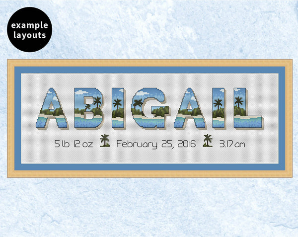 Desert Island Alphabet cross stitch pattern - example name 'Abigail'