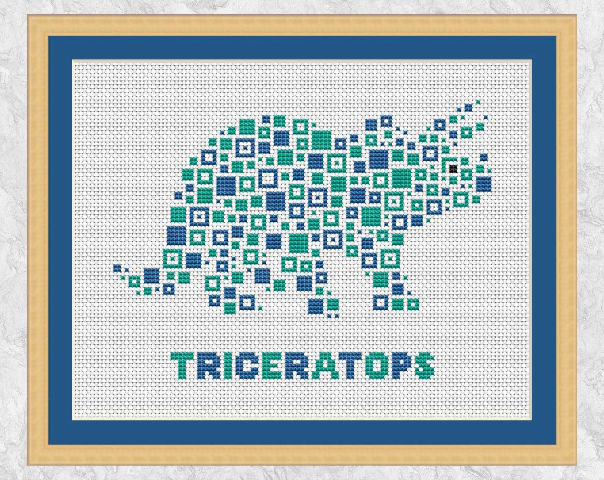Squares Triceratops Dinosaur cross stitch pattern with frame