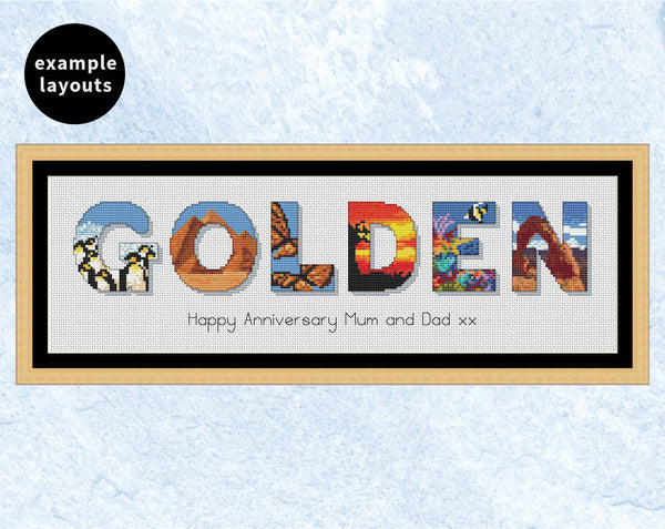 Explore the World Alphabet cross stitch pattern - example word 'golden'