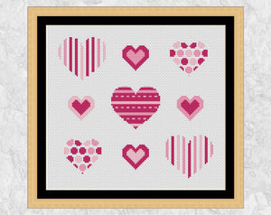 Stripy and Spotty Hearts cross stitch pattern - easy to stitch pink hearts