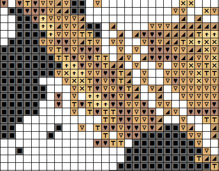 Cross stitch pattern of splattered paint female saxophone player. Section of PDF.