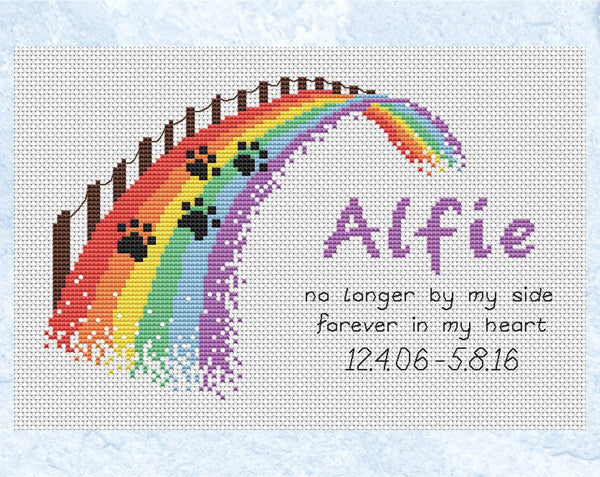 Customised cross stitch pattern of a rainbow bridge, personalised with the name of your pet, and dates (if wanted). Example piece.