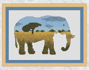 Larger Savannah Elephant cross stitch pattern - elephant silhouette with tree and African plains