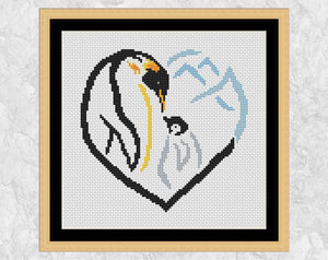 Penguin Heart cross stitch pattern - shown with frame