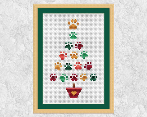 Paw Print Christmas Tree cross stitch pattern (mid size) - for cat or dog lover