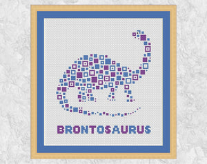 Squares Brontosaurus Dinosaur cross stitch pattern with frame