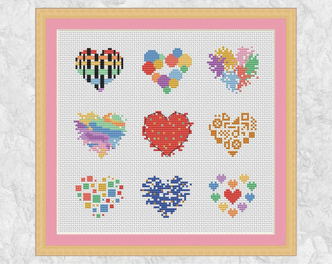 Nine Hearts cross stitch pattern - with frame