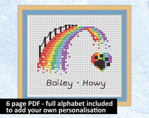 Personalised Mini Rainbow Bridge cross stitch pattern - in frame with example names