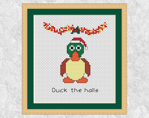 Duck the Halls - Christmas cross stitch pattern - shown with frame