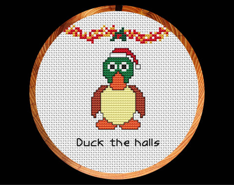 Duck the Halls - Christmas cross stitch pattern - shown with hoop