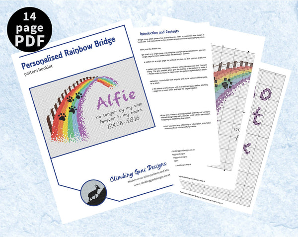 Personalised rainbow bridge cross stitch pattern - everything included to personalise design yourself - 4 pages of 14 page PDF