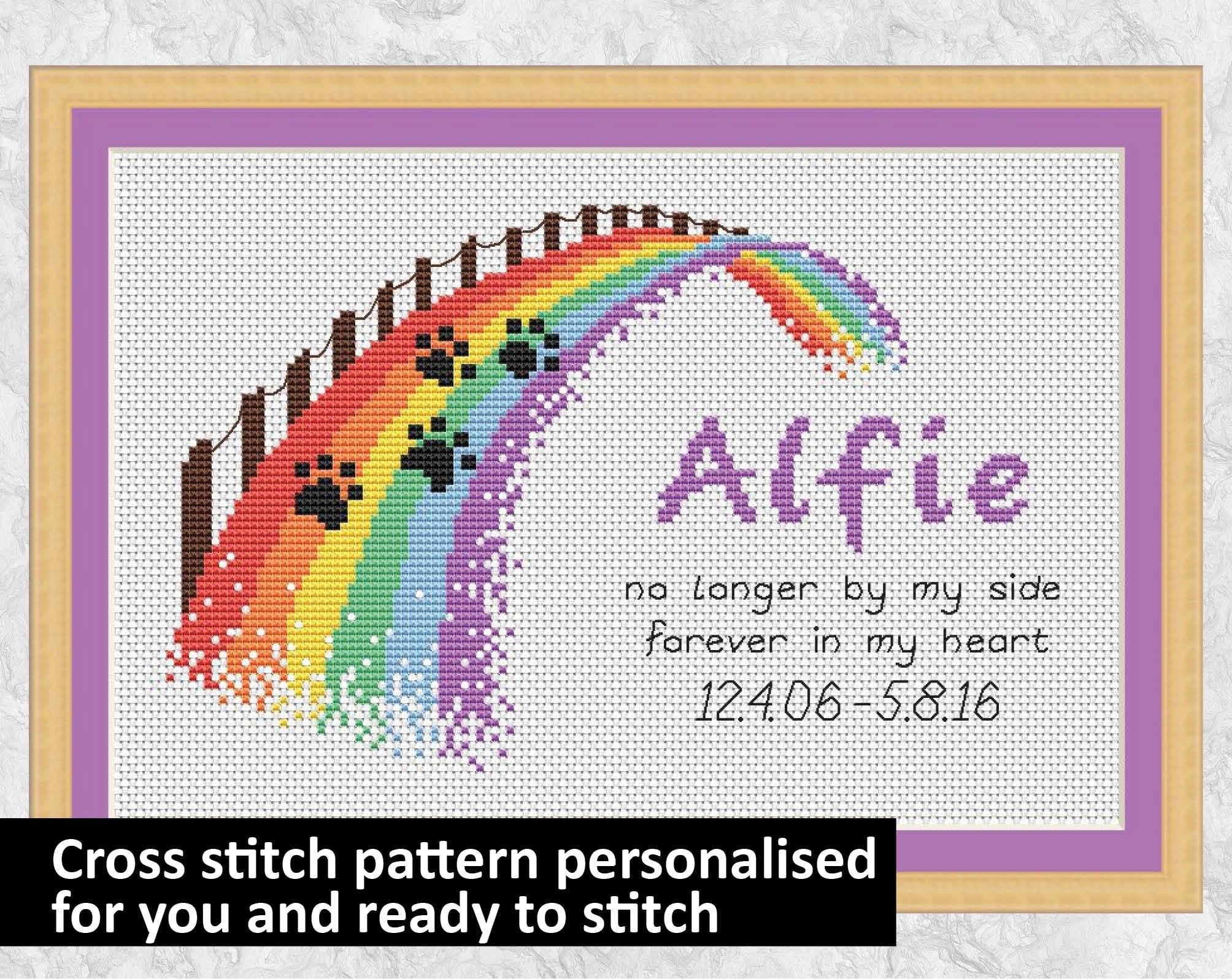 Customised cross stitch pattern of a rainbow bridge, personalised with the name of your pet, and dates (if wanted). Example piece with name 'Alfie'.
