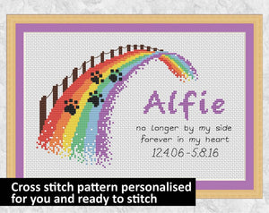 Customised cross stitch pattern of a rainbow bridge, personalised with the name of your pet, and dates (if wanted). Example piece with name 'Alfie'.