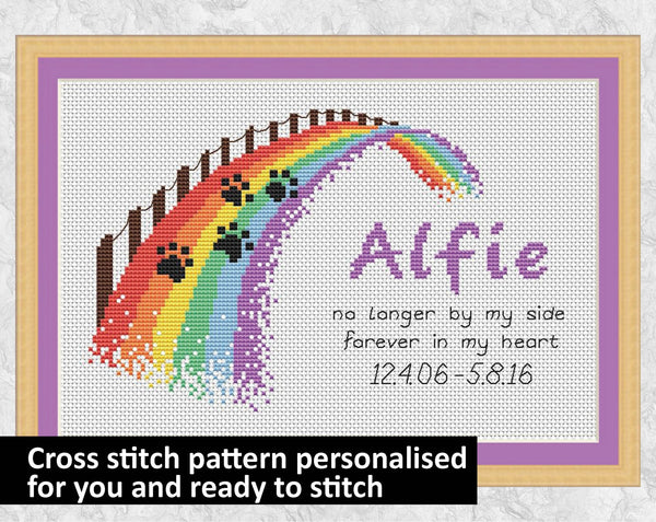 Customised cross stitch pattern of a rainbow bridge, personalised with the name of your pet, and dates (if wanted). Example piece with name 'Alfie'.