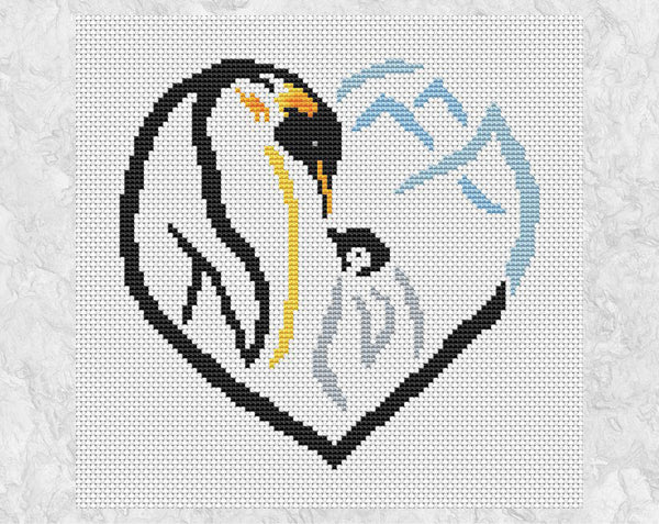Penguin Heart cross stitch pattern - Shown without frame