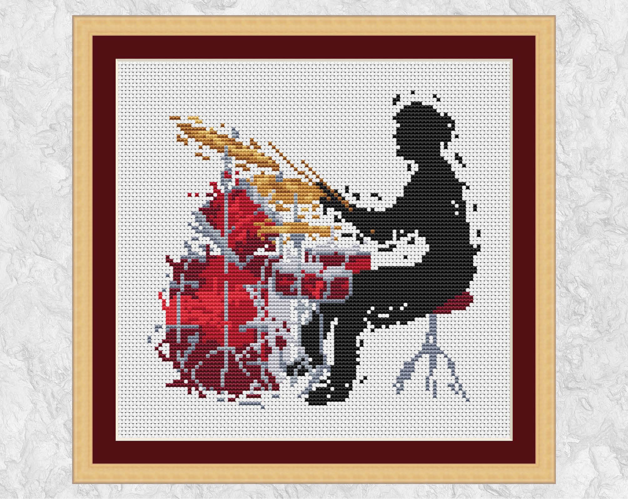 Female drummer music cross stitch pattern - with frame