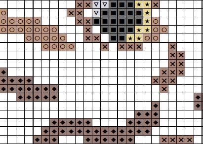 Cross stitch pattern PDF of a cat, hearts and paw prints forming a larger heart. Section of PDF.