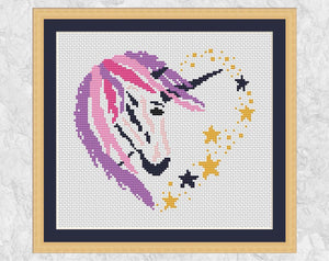 Unicorn and Stars Heart cross stitch pattern - Sketched Heart Collection - with frame