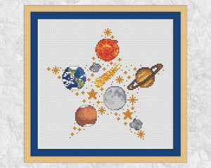 Space Star cross stitch pattern (Solar System version) with frame