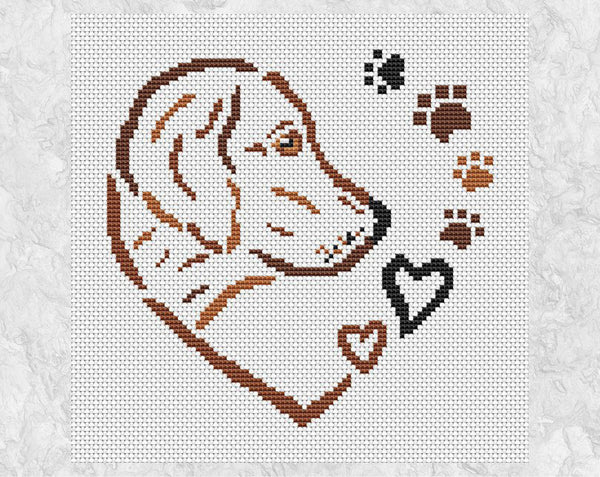 Cross stitch pattern PDF of a dog, hearts and paw prints forming a larger heart. Shown without frame.
