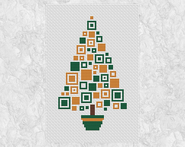 Geometric Christmas Tree xstitch design - green and gold