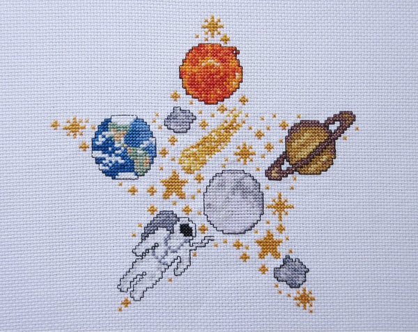 Space Star cross stitch pattern (astronaut version) - features astronaut, moon, sun and planets