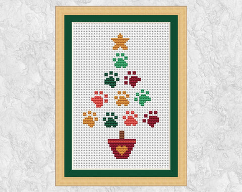 Paw Print Christmas Tree cross stitch pattern (mini size) - make a dog or cat lover Christmas card
