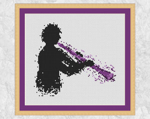 Clarinetist cross stitch pattern (male) - splattered paint clarinet player - with frame
