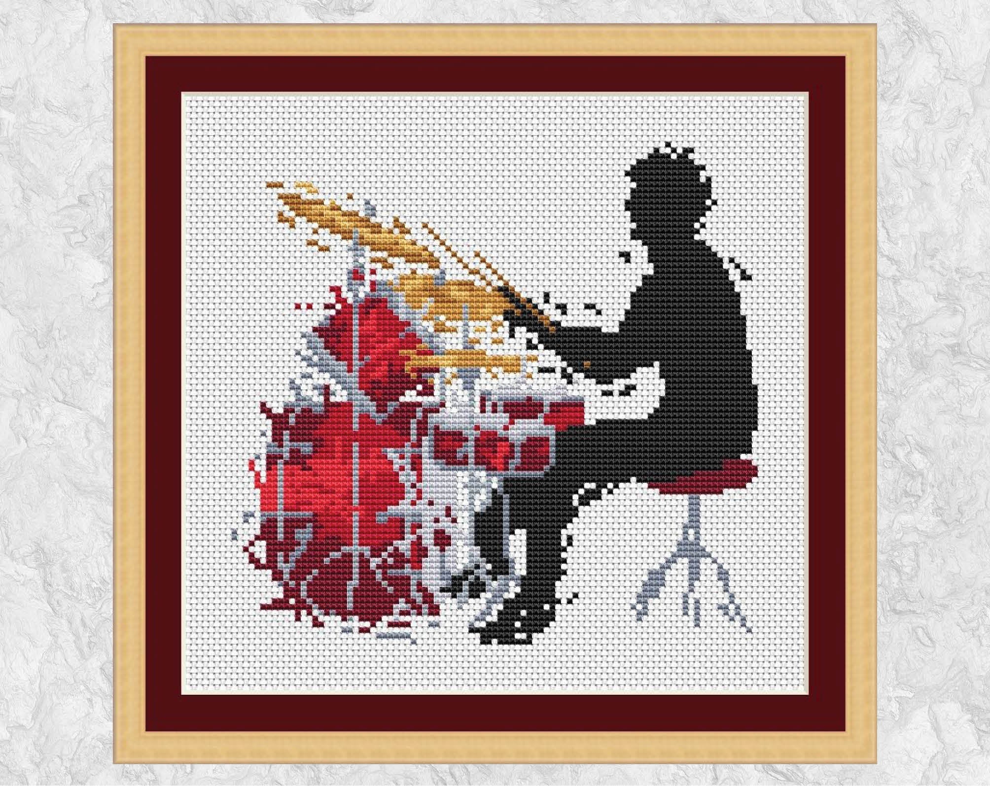 Male drummer music cross stitch pattern - with frame