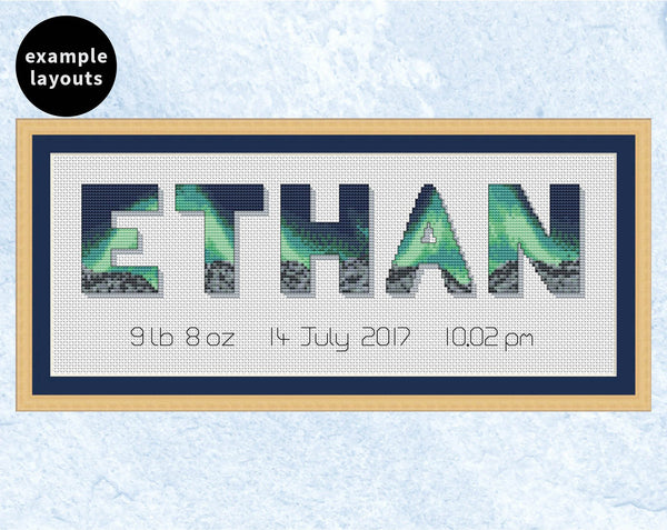 Northern Lights Alphabet cross stitch pattern - example name 'Ethan'