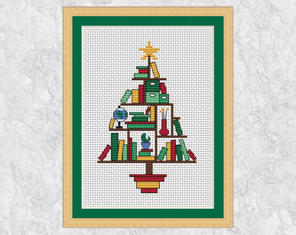 Book Lovers' Christmas Tree cross stitch pattern (smaller) - with frame