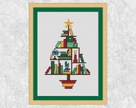 Book Lovers' Christmas Tree cross stitch pattern (smaller) - with frame