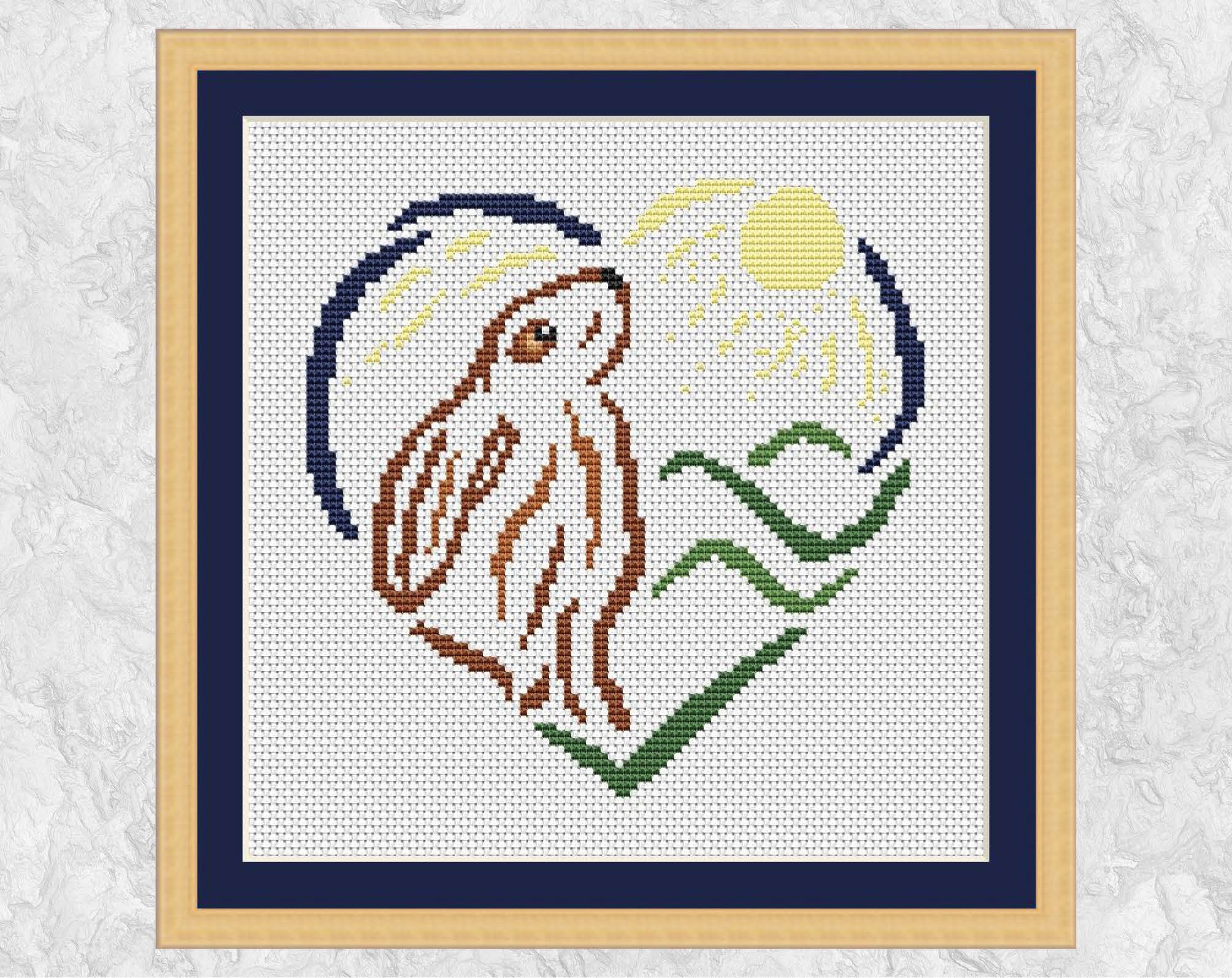 Moon Gazing Hare cross stitch pattern - Sketched Heart Collection - with frame