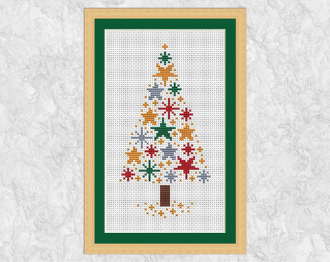 Stars Christmas Tree cross stitch pattern with frame