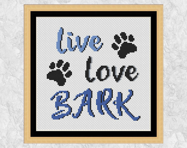 'Live Love Bark' - Dog cross stitch pattern in frame