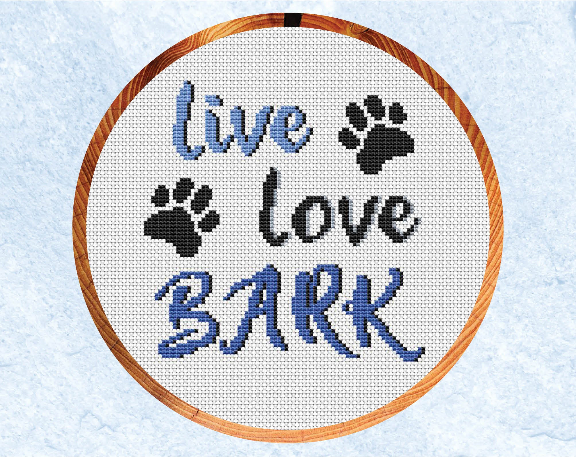 'Live Love Bark' - Dog cross stitch pattern in hoop