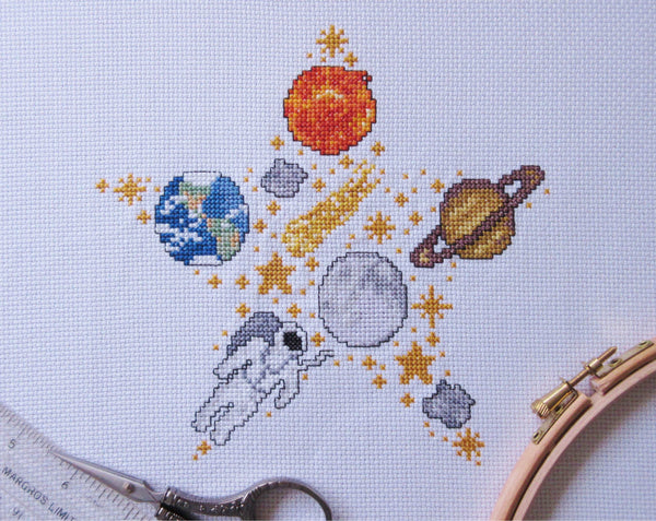 Space Star cross stitch pattern (astronaut version) - stitched motifs making up a star shape