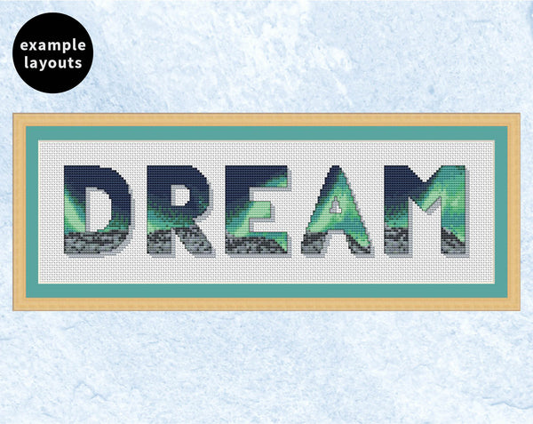 Northern Lights Alphabet cross stitch pattern - example word 'dream'