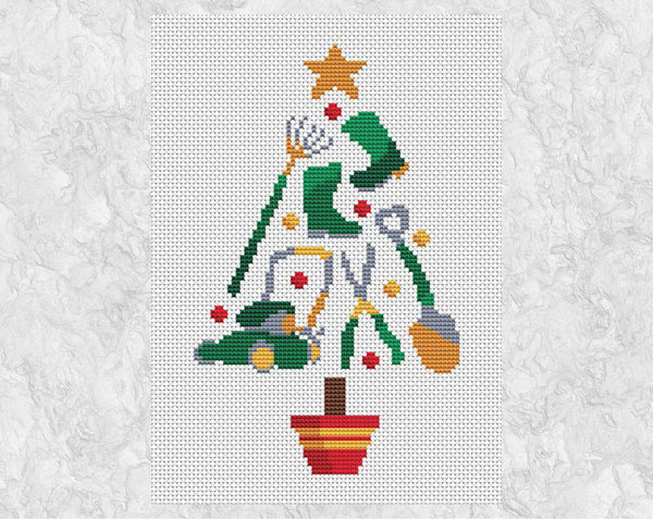 Cross stitch pattern of Christmas tree made up of garden tools